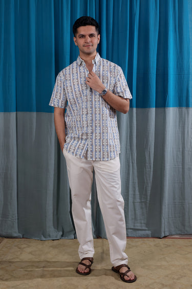 Grey Blue Sanganeri Natural Cotton Linen Men Shirt Half Sleeves MSHHS12252