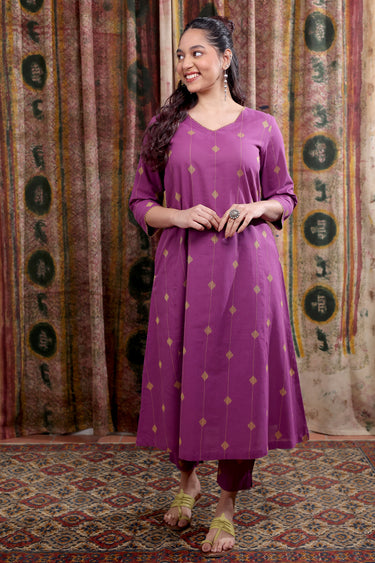 Purple Dobby Buti South Cotton Women Long Kurta Long Sleeves WLKLS253C14