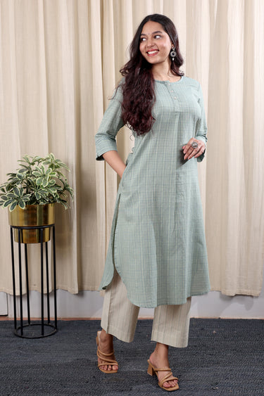 Sea Green Stripes South Cotton Women Long Kurta Long Sleeves WLKLS252C135