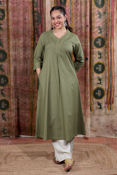 Green Hand Dyed Cotton Viscose Blend Women Long Kurta