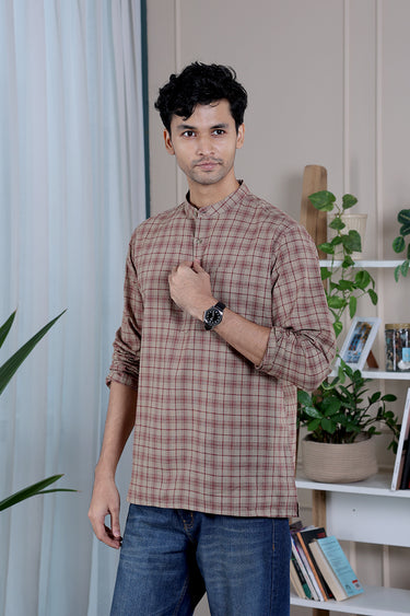 Pastel Brown Checks South Cotton Men Short Kurta
