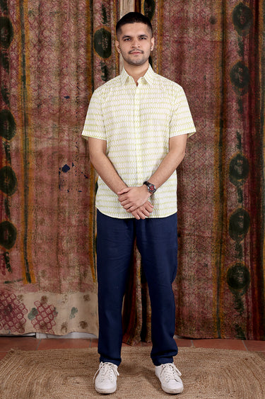 Green Sanganeri Cotton Flax Men Shirt Half Sleeves MSHHS251C27