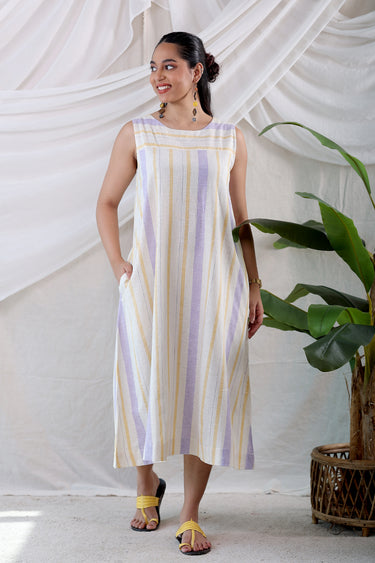Lilac Mustard Stripes Natural Cotton Linen Women Midi Dress
