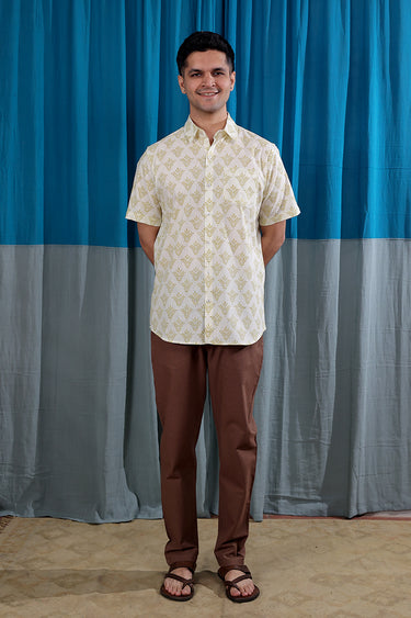 Yellow Sanganeri Natural Cotton Linen Men Shirt Half Sleeves MSHHS012615