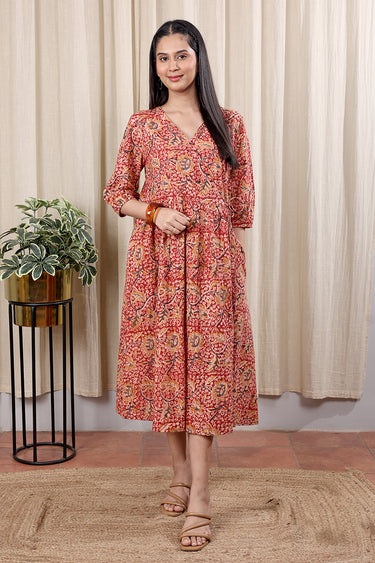Red Kalamkari Cotton Women Midi Dress Long Sleeves WDRLS252C8