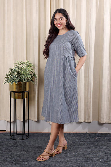 Navy Blue Stripes Cotton Flax Women Midi Dress Long Sleeves WDRLS252C28