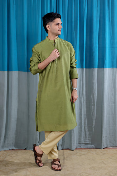 Pista Green Stripes Zari Chanderi Silk Men Long Kurta