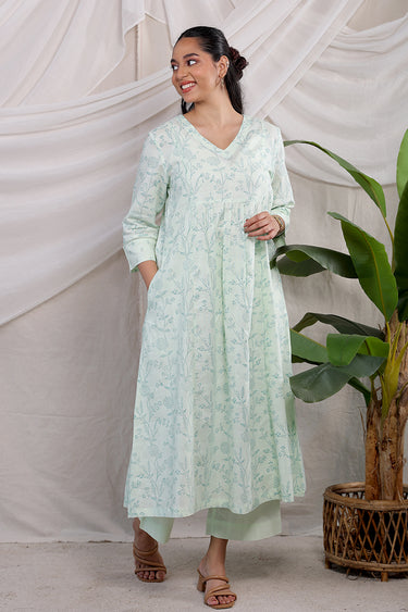 Pastel Green Sanganeri Cotton Dobby Women Long Kurta