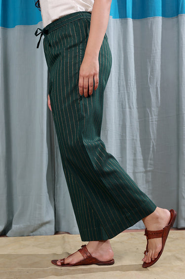 Forest Green Stripes Zari South Cotton Women Flared Pant