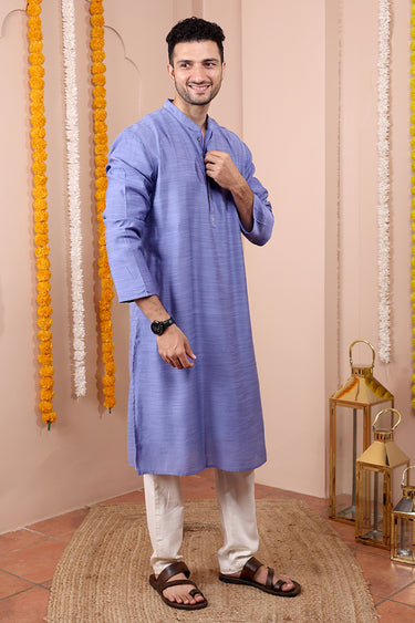 Midnight Blue Mukaish Work Silk Viscose Slub Men Long Kurta Full Sleeves MLKFS252C41
