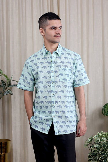 Mint Green Sanganeri Cotton Linen Men Shirt Half Sleeves MSHHS062424