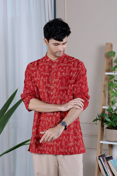 Rust Ajrakh Cotton Men Short Kurta