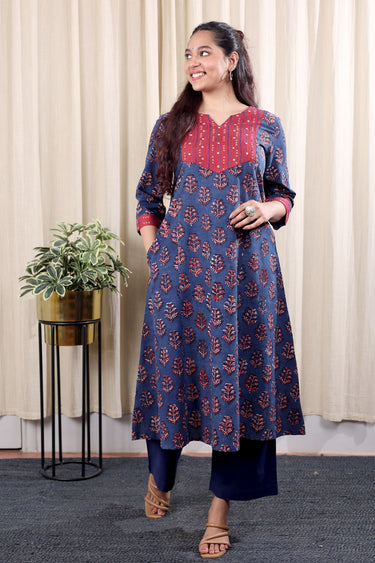 Indigo Hand Embroidery Dhabu Cotton Women Long Kurta Long Sleeves WLKLS252C94
