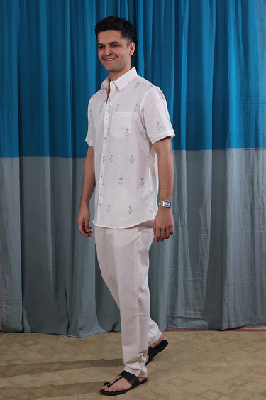 Steel Grey Sanganeri Natural Cotton Linen Men Shirt Half Sleeves MSHHS122513