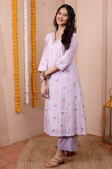 Lilac Jaquard Buta Banarasi Silk Women Long Kurta Long Sleeves WLKLS252C105