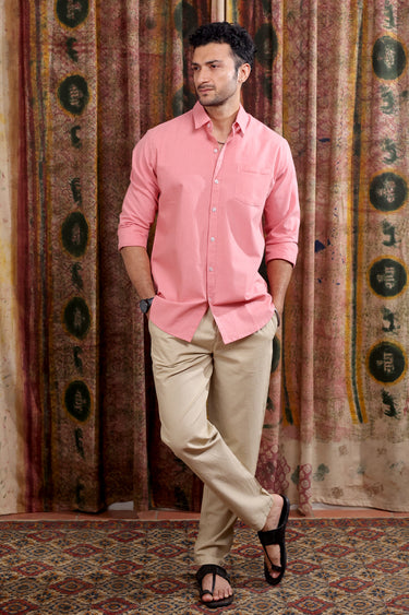 Rose Pink Hand Dyed Cotton Linen Men Shirt Full Sleeves MSHFS252C19