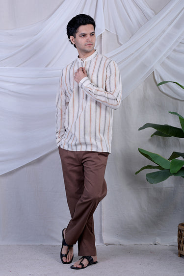 Grey Brown Stripes Natural Cotton Linen Men Short Kurta