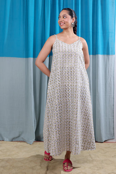 Beige Grey Sanganeri Lite Cotton Flax Women Maxi Dress Sleeveless WMDSL12255