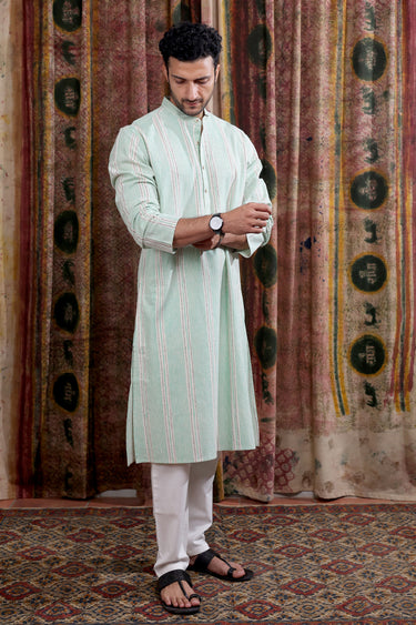 Mint Green Sanganeri Cotton Linen Men Long Kurta Full Sleeves MLKFS253C22