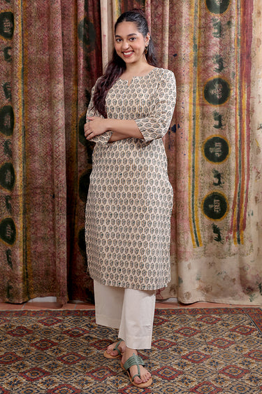 Green Bagru Cotton Flax Women Long Kurta Long Sleeves WLKLS253C29