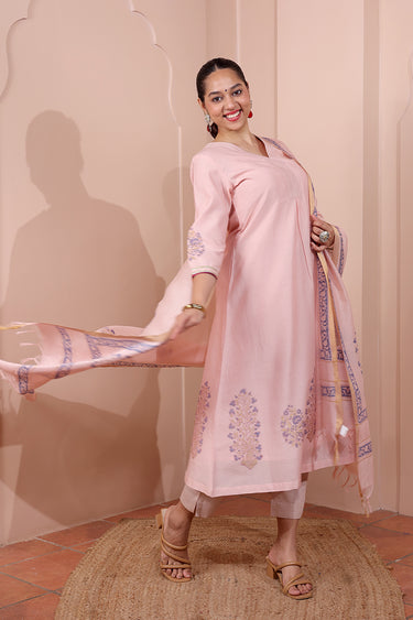 Pastel Pink Sanganeri Rib Chanderi Silk Dupatta