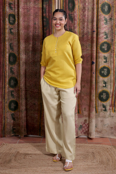Dark Yellow Hand Dyed Cotton Linen Women Kurti Long Sleeves WKILS253C52