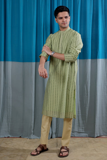 Pista Green Sanganeri Rib Chanderi Silk Men Long Kurta Full Sleeves MLKFS253C56