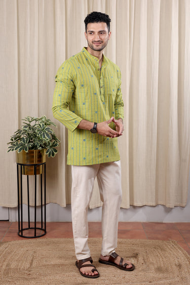 Fall Green Dobby Stripes South Cotton Men Short Kurta Full Sleeves MSKFS252C49