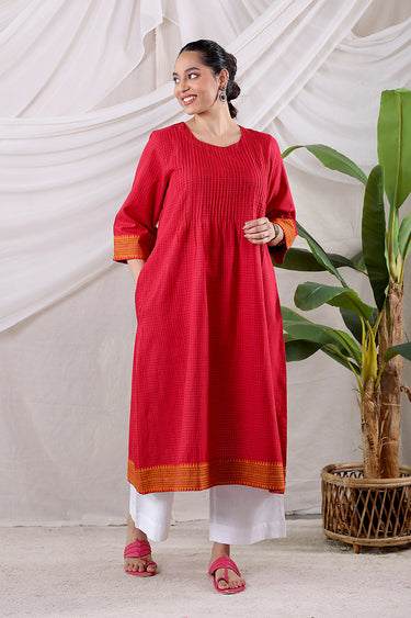 Deep Red Temple Border South Cotton Women Long Kurta