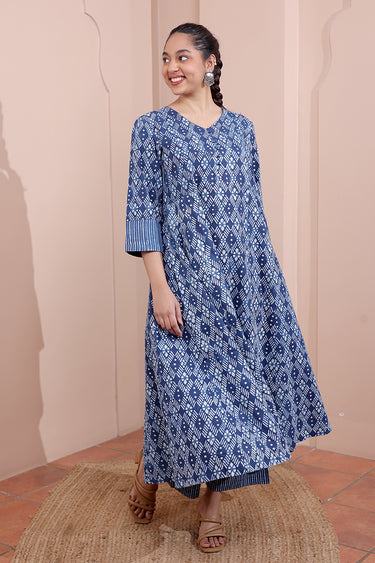 Indigo Dhabu Cotton Women Ankle Kurta Long Sleeves WAKLS252C48