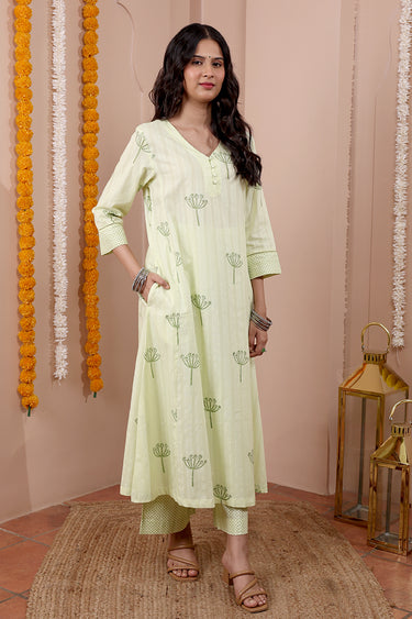 Lime Green Sanganeri Dobby Stripe Women Flared Pant WFLPT252C17