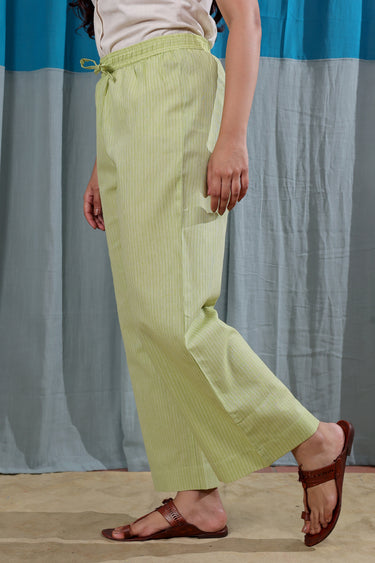 Muted Lime Stripes South Cotton Women Flared Pant