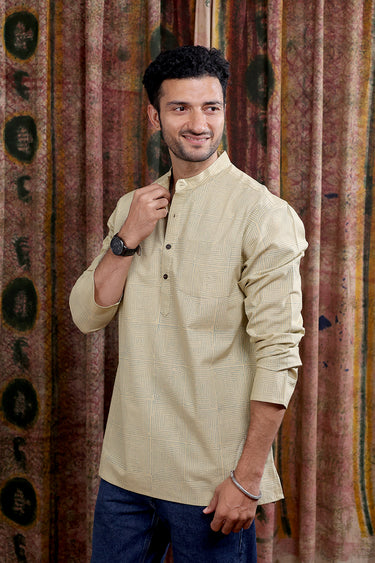 Beige Sanganeri Cotton Slub Men Short Kurta Full Sleeves MSKFS252C21