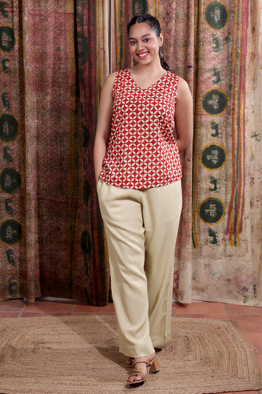 Red Bagru Cotton Malmal Women Short Top Sleeveless WSTSL253C74