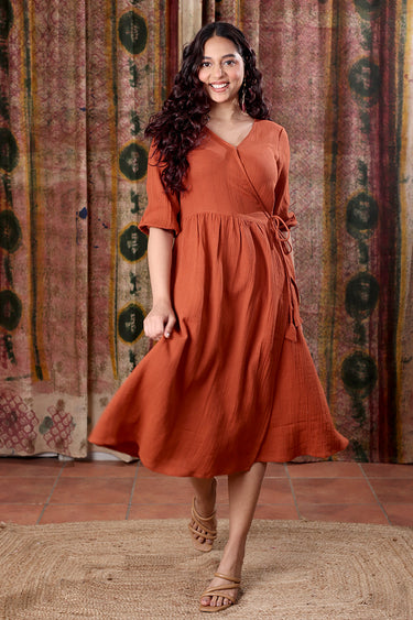 Rust Hand Dyed Cotton Double Cloth Women Midi Dress Long Sleeves WDRLS251C10