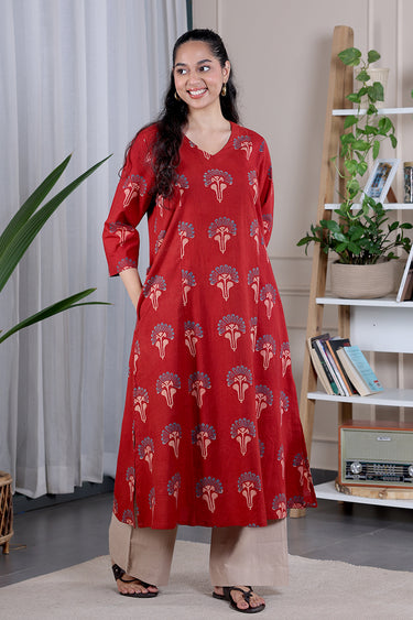 Rust Ajrakh Cotton Women Long Kurta