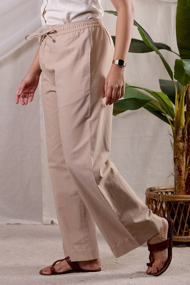 Dark Beige Dyed Soft Cotton Linen Women Wide Leg Pant