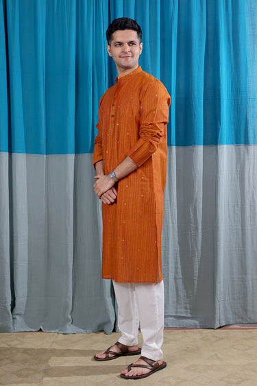 Rust Zari Stripes Buti South Cotton Men Long Kurta