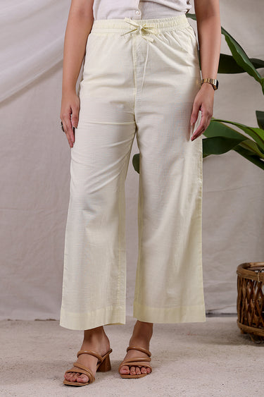 Butter Yellow Stripes Cotton Dobby Women Flared Pant