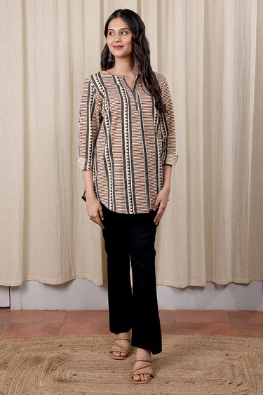 Grey Bagru Cotton Flax Women Kurti Long Sleeves WKILS252C14