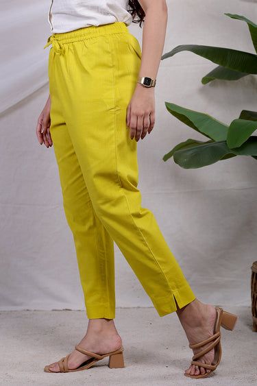 Gold Yellow Dyed Natural Cotton Linen Women Ankle Pant
