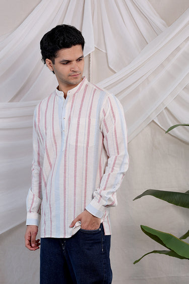 Red Blue Stripes Natural Cotton Linen Men Short Kurta