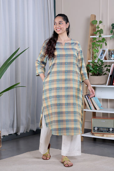 Beige Blue Checks Dobby Cotton Women Long Kurta
