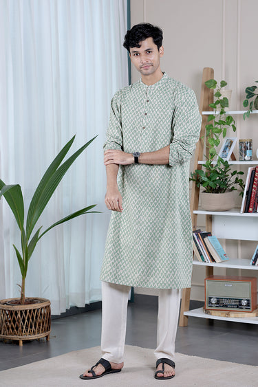 Green Sanganeri Classic Cotton Linen Men Long Kurta