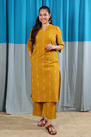 Ochre Yellow Stripes Dobbby South Cotton Women Long Kurta