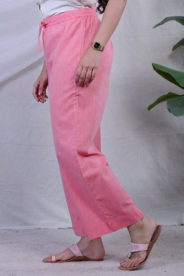 Coral Red Stripes South Cotton Women Flared Pant