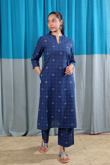 Dark Blue Checks Dobby South Cotton Women Long Kurta