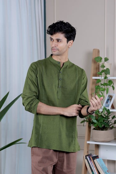 Forest Green Dyed Classic Cotton Linen Men Short Kurta
