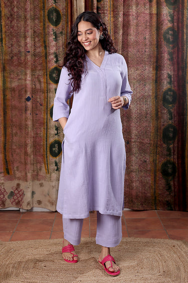 Lilac Hand Dyed Cotton Double Cloth Women Flared Pant