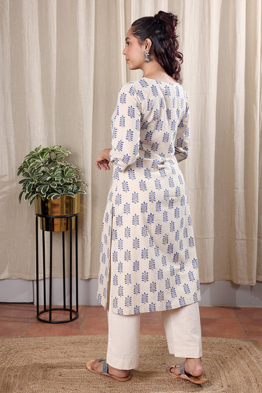 Indigo Bagru Cotton Flax Women Long Kurta Long Sleeves WLKLS251C139